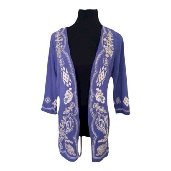 Short Open Front Cardigan Size S Blue Floral Embroidered 100% Linen 3/4-Sleeve - Picture 2 of 11